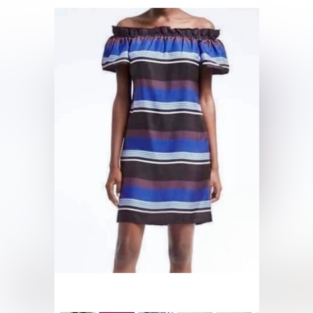 Banana Republic Silk Striped Off Shoulder A Line Dress Midi Knee Length Casual